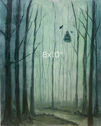 Ascended Sage Print - Cool Forest Print Original Painting with Levitating Sage Monk