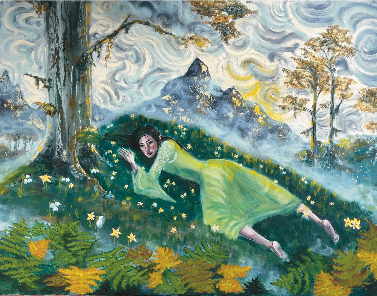 An oil painting depicting a woman in a flowing light green dress reclining in a forest clearing, surrounded by yellow flowers, ferns, trees, and mountains under a swirling sky. Arwen's Sorrow, Original Oil Painting with Custom Frame - Inspired by Lord of the Rings. Painting by Kelsey Weirick