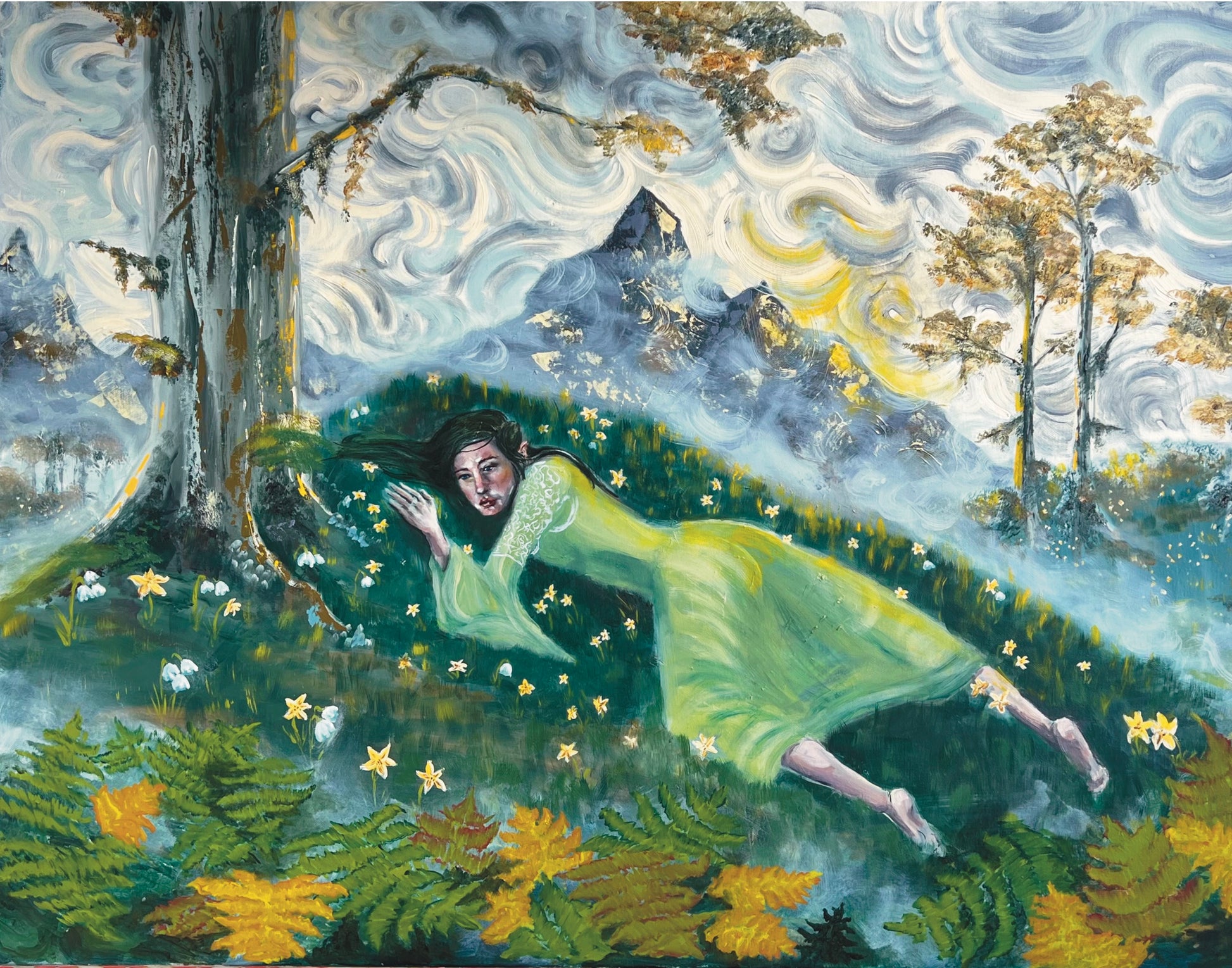 An oil painting depicting a woman in a flowing light green dress reclining in a forest clearing, surrounded by yellow flowers, ferns, trees, and mountains under a swirling sky. Arwen's Sorrow, Original Oil Painting with Custom Frame - Inspired by Lord of the Rings. Painting by Kelsey Weirick