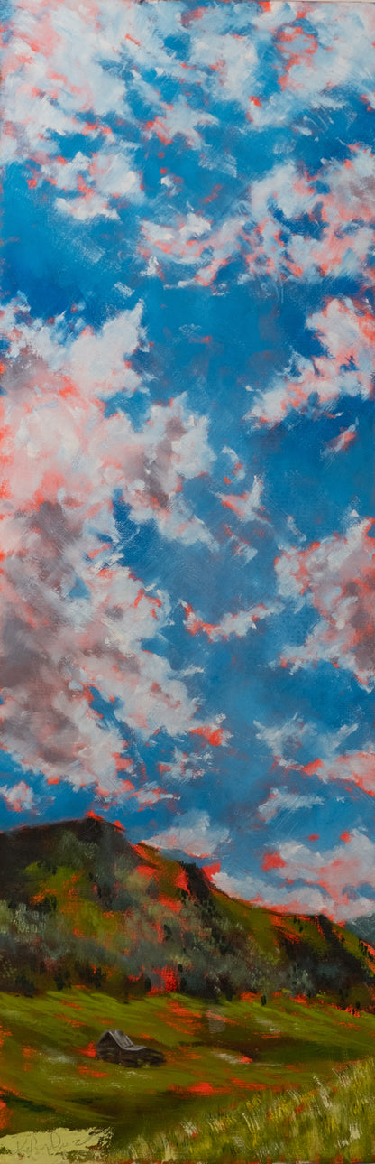 Oil Painting Cloudy Colorado Meadow Scene with bright blue skies