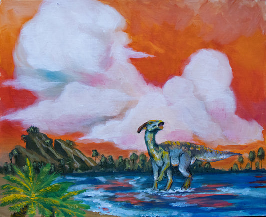 Painting of a Parasaurolophus dinosaur standing in water with a colorful cloudy sky and landscape.
