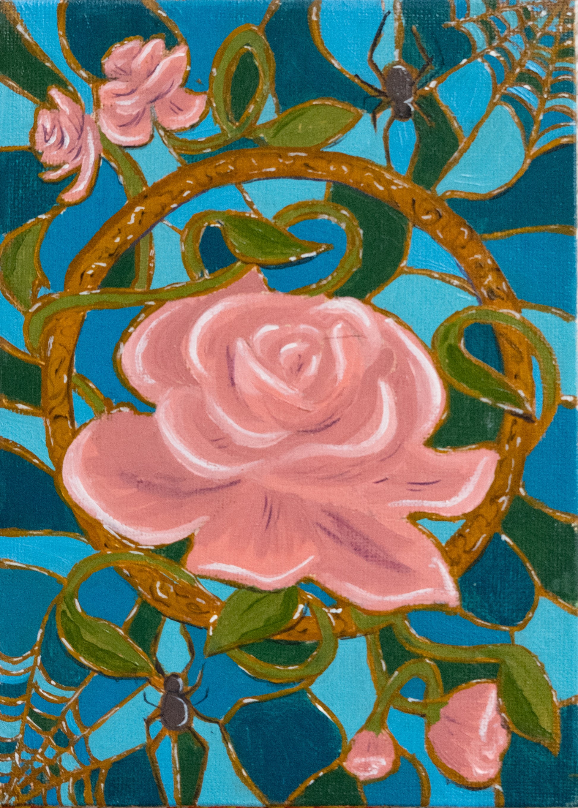 Decorative oil painting artwork with pink roses, green leaves, and spider webs on a blue background.