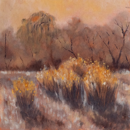 Artistic depiction of a landscape with trees and bushes in autumn colors.