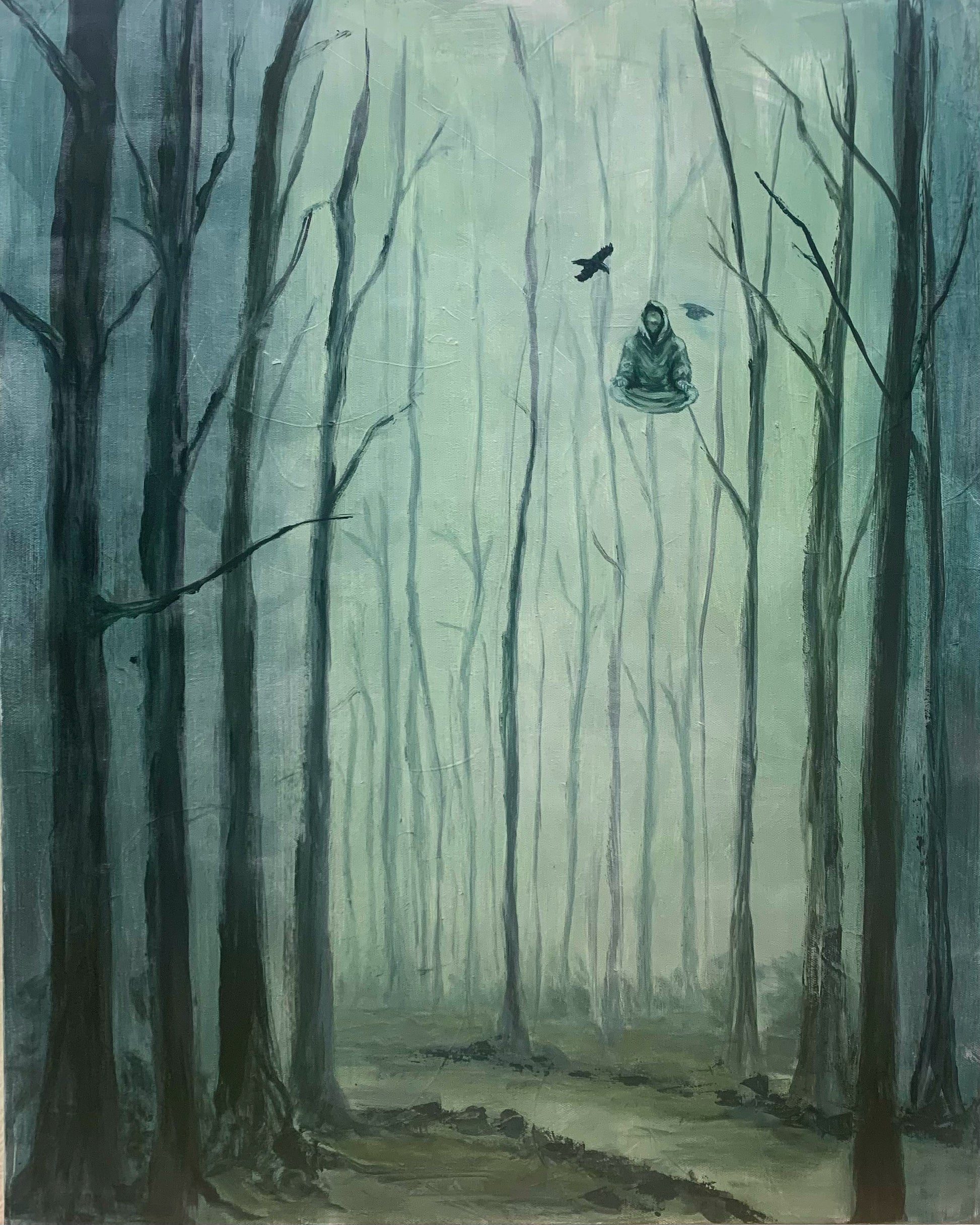 Oil Painting of Moody Creepy Forest and Meditating Man with Crows, monochrome blue-green