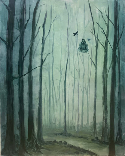 Oil Painting of Moody Creepy Forest and Meditating Man with Crows, monochrome blue-green