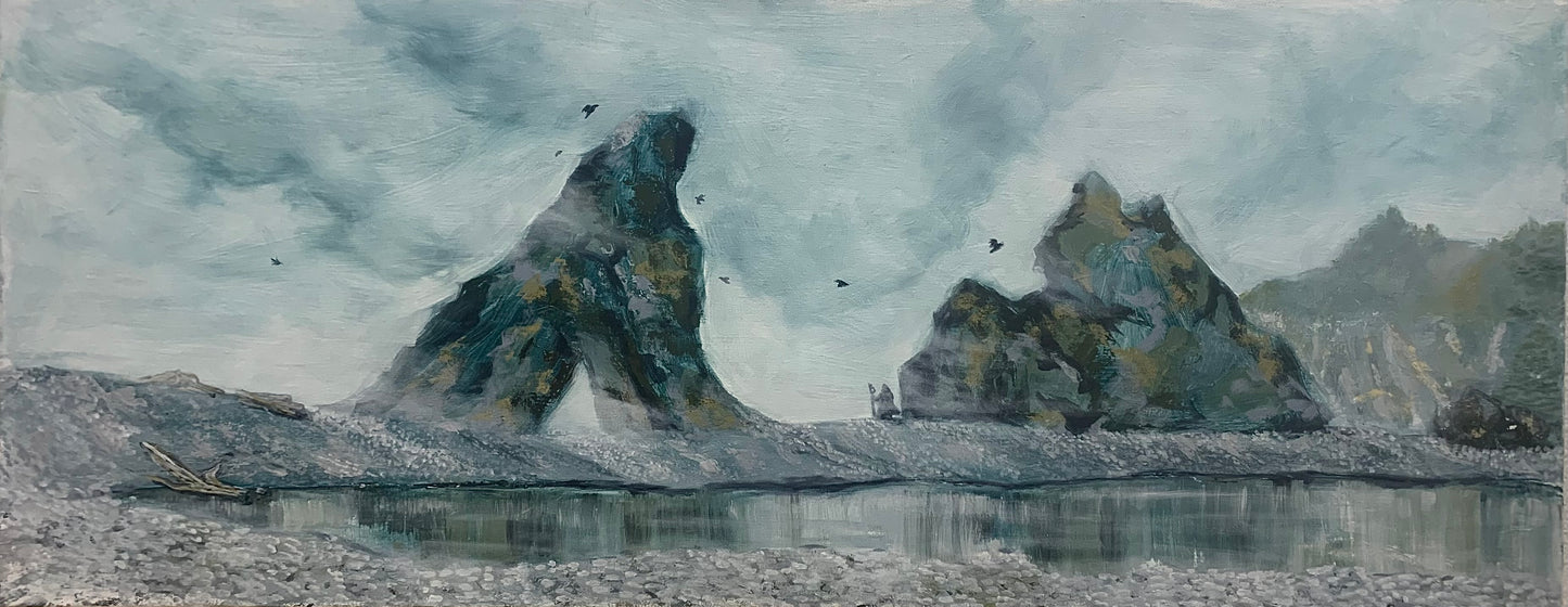 Oil Painting of PNW Washington beach and Sage Character Overlooking view  Scenic landscape with rocky formations and water, possibly a lake or fjord, under a cloudy sky.