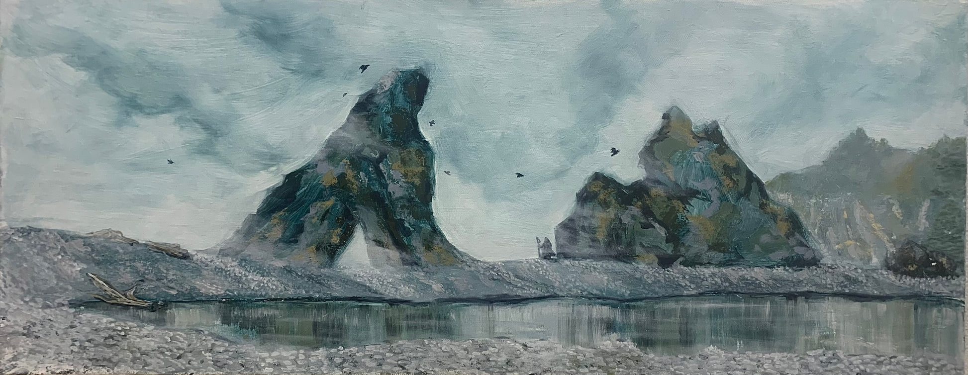 Oil Painting of PNW Washington beach and Sage Character Overlooking view  Scenic landscape with rocky formations and water, possibly a lake or fjord, under a cloudy sky.