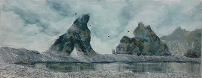 Oil Painting of PNW Washington beach and Sage Character Overlooking view  Scenic landscape with rocky formations and water, possibly a lake or fjord, under a cloudy sky.