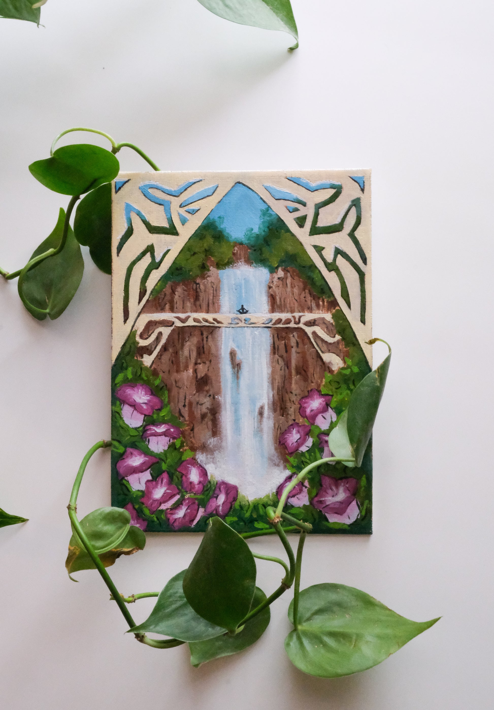Artistic depiction of a waterfall surrounded by purple flowers and decorative elements with meditating character on bridge in nature focused oil painting