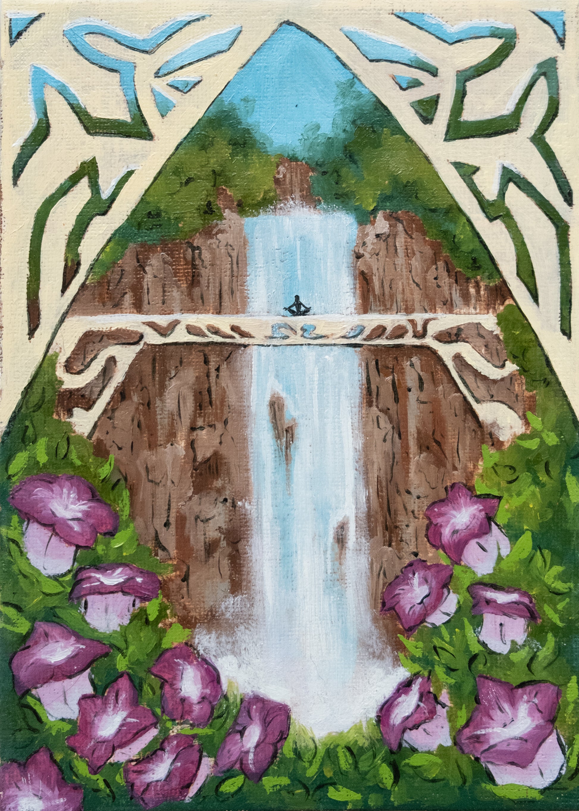 Artistic depiction of a waterfall surrounded by purple flowers and decorative elements with meditating character on bridge in nature focused oil painting