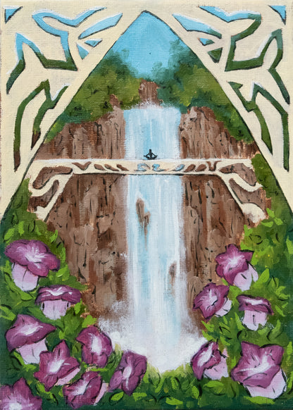 Artistic depiction of a waterfall surrounded by purple flowers and decorative elements with meditating character on bridge in nature focused oil painting